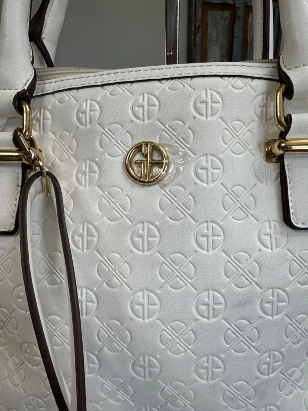 Giani Bernini White Embossed Dome Satchel with Gold Hardware